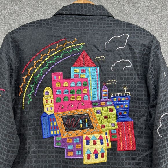 PUSHPA Vintage Blazer Women's Medium Colorful Sky Scraper Buildings Rainbow 90s - Picture 12 of 15